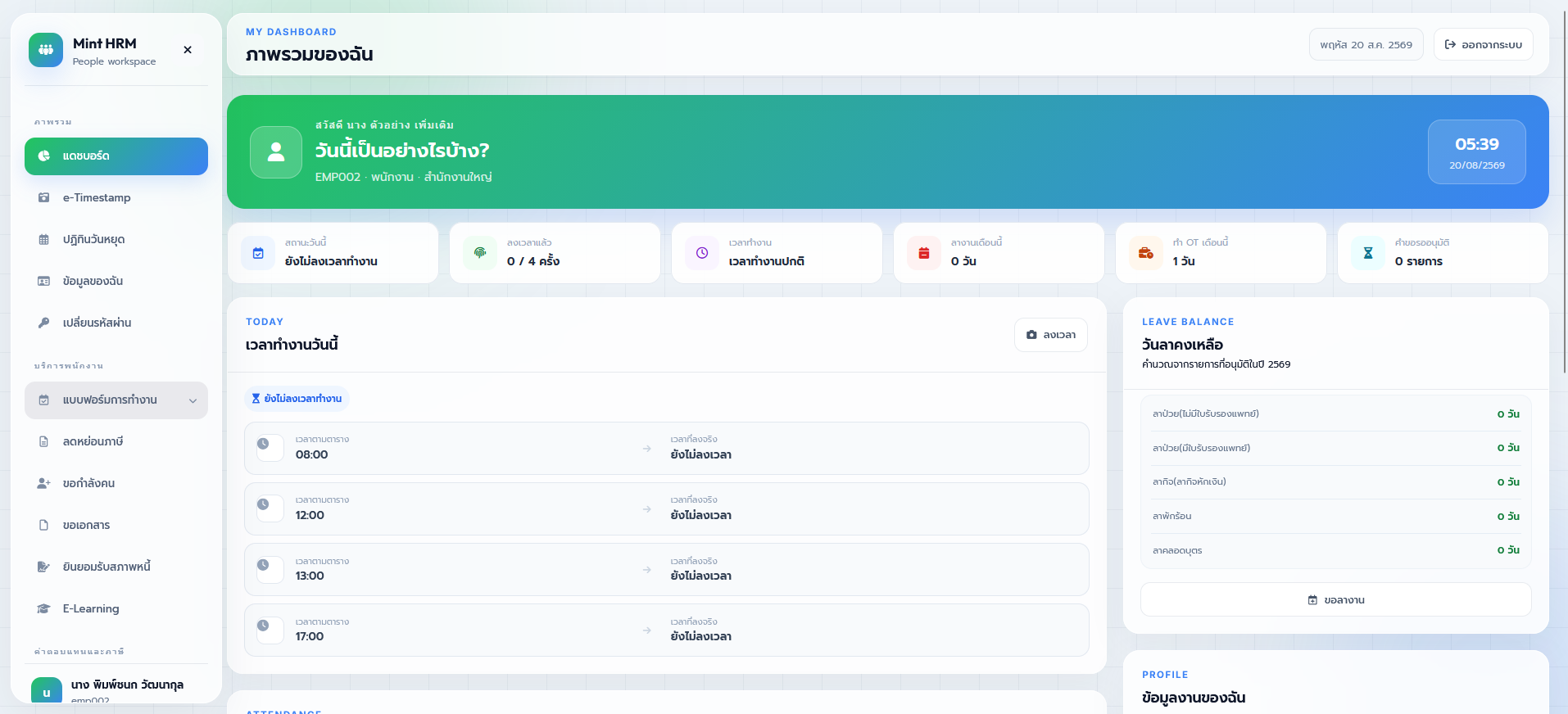 ตัวอย่างหน้าจอ Dashboard พนักงาน